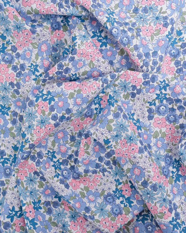 Coton Ecru Fleuri Rose et Bleu