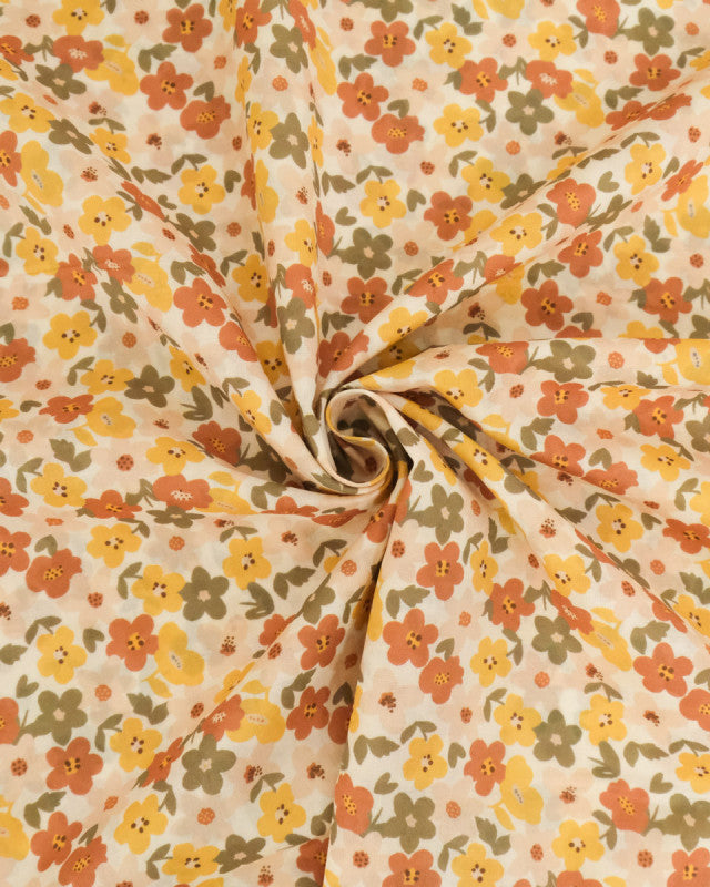 Coton Écru Fleuri Jaune Kaki